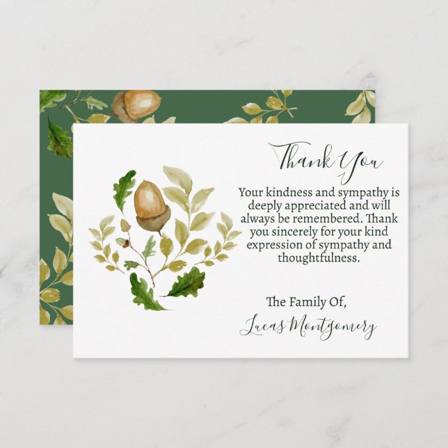 Acorn Oak Funeral Thank You, Sympathy   Note Card (Front/Back)
