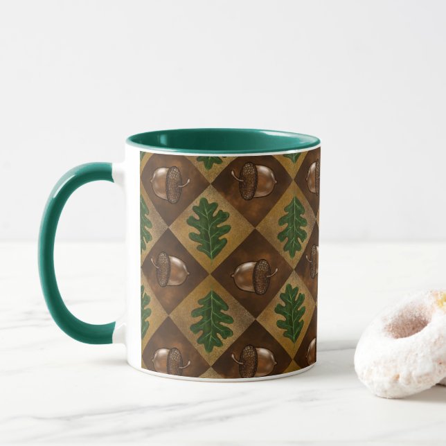 Acorn Oak leaf Checkerboard pattern Mug (With Donut)