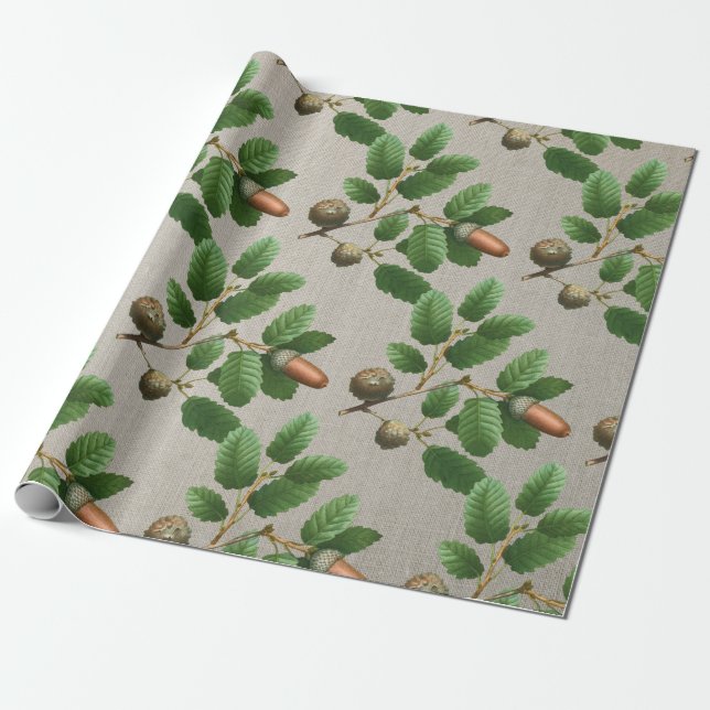 Acorn Oak Leaves Wrapping Paper (Unrolled)
