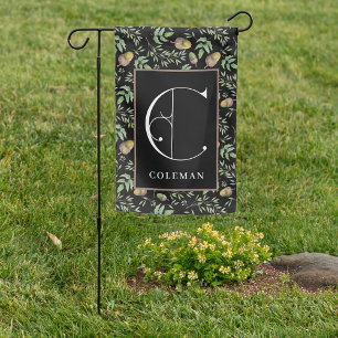 Acorn Pattern Black, Scroll Monogram C Garden Flag