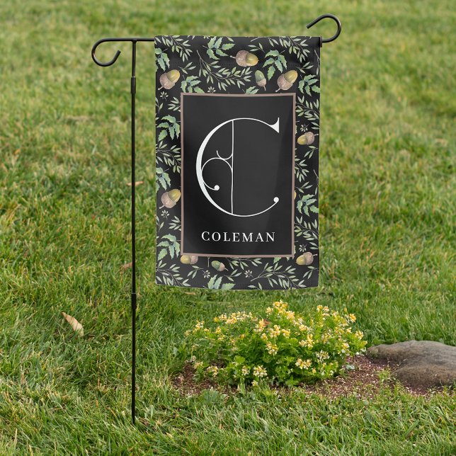 Acorn Pattern Black, Scroll Monogram C Garden Flag (WELCOME TO MY GARDEN)