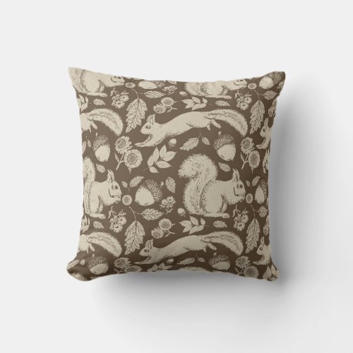 Acorn Squirrel Floral Taupe Ecru Pillow