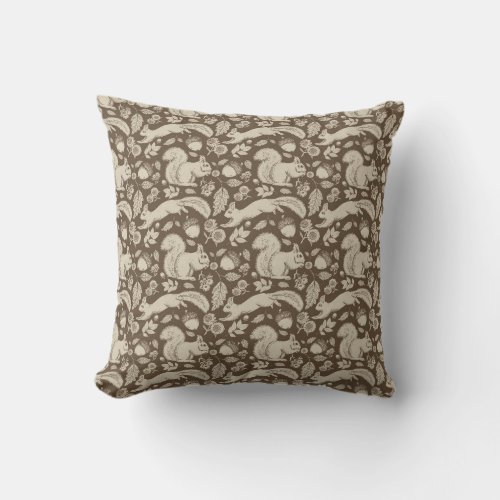 Acorn Squirrel Taupe Ecru Fall Floral Pillow