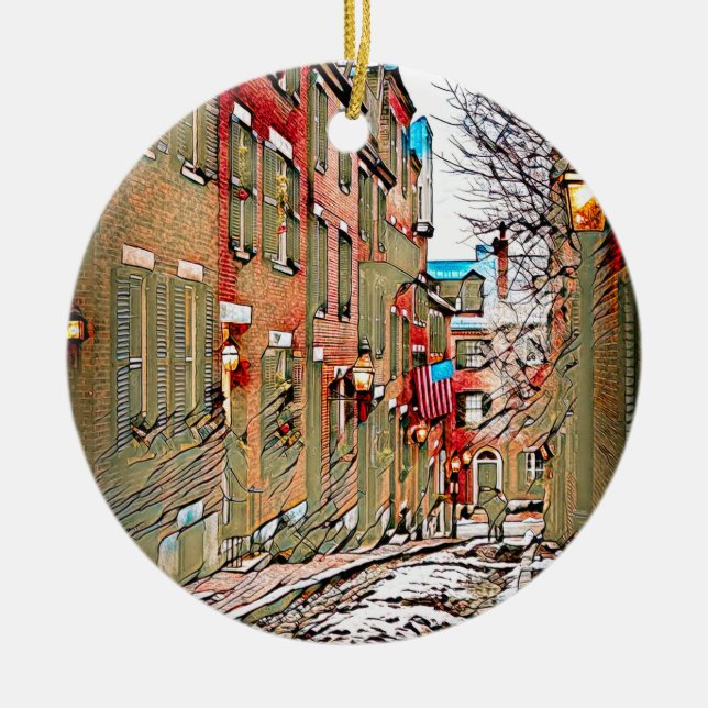 Acorn Street, Boston Ceramic Ornament (Front)