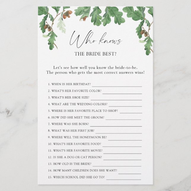 Acorn tree - Who knows the bride best game (Front)