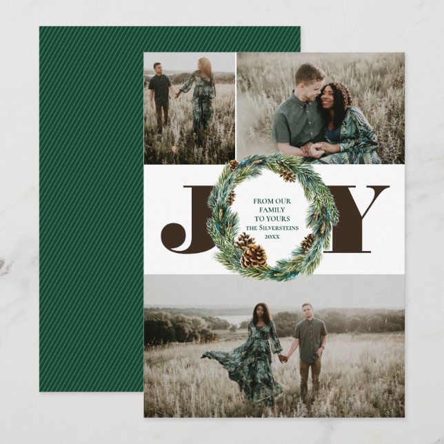 Acorn Wreath 3 Photo Christmas Holiday Flat Card (Front/Back)