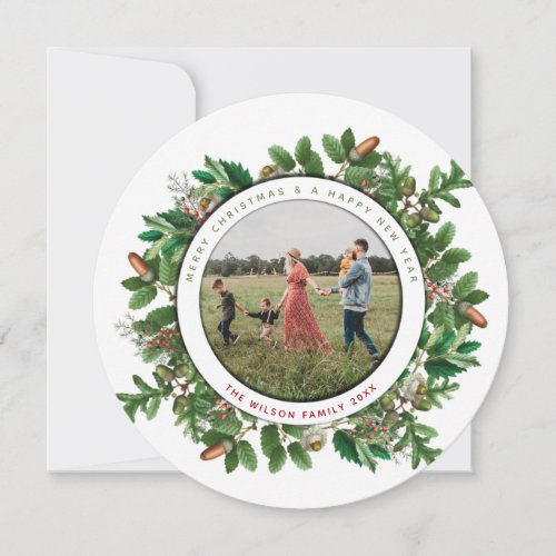 Acorn Wreath Family Photo Round Christmas Card