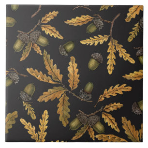 Acorns and oak leaves on black ceramic tile