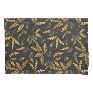 Acorns and oak leaves on black pillow case