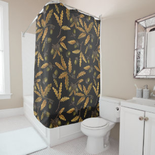 Acorns and oak leaves on black shower curtain