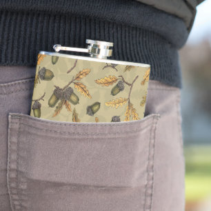Acorns and oak leaves on ecru flask