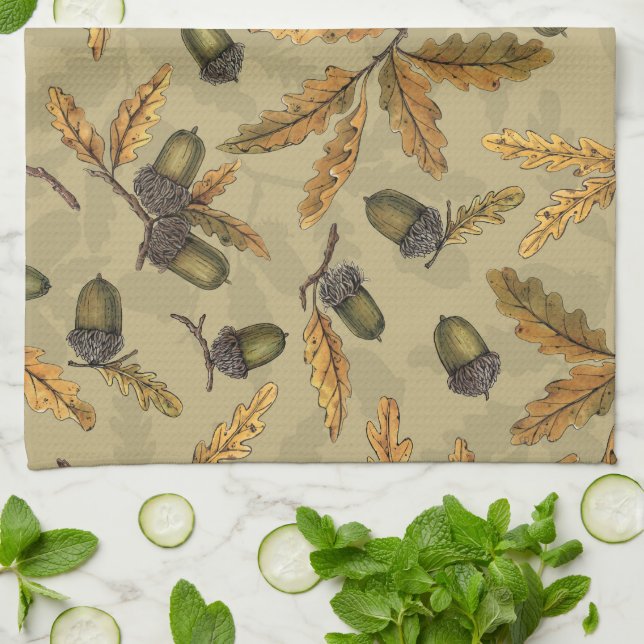 Acorns and oak leaves on ecru kitchen towel (Folded)