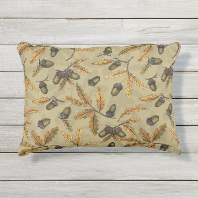 Acorns and oak leaves on ecru outdoor pillow (Front)