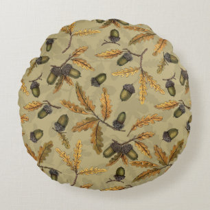 Acorns and oak leaves on ecru round pillow
