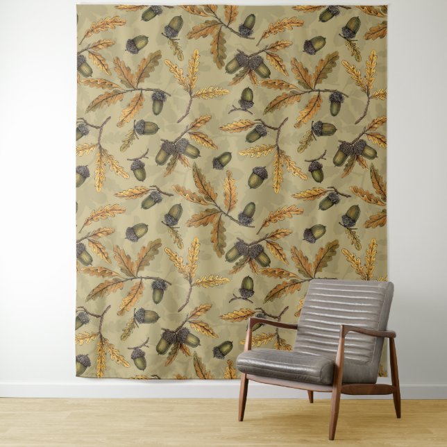 Acorns and oak leaves on ecru tapestry (In Situ)