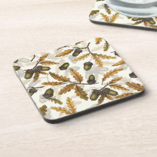Acorns and oak leaves on off white beverage coaster