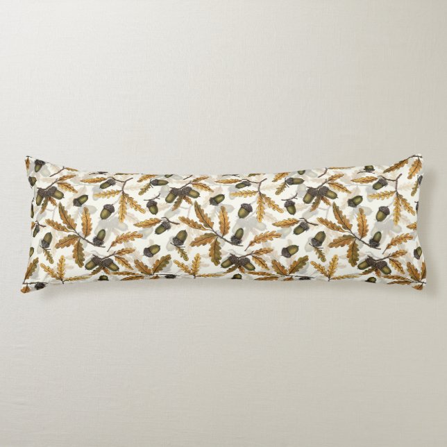 Acorns and oak leaves on off white body pillow (Front)