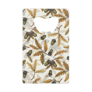 Acorns and oak leaves on off white credit card bottle opener