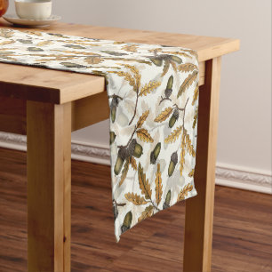 Acorns and oak leaves on off white short table runner