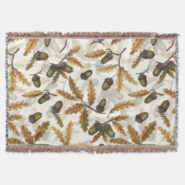 Acorns and oak leaves on off white throw blanket (Front)