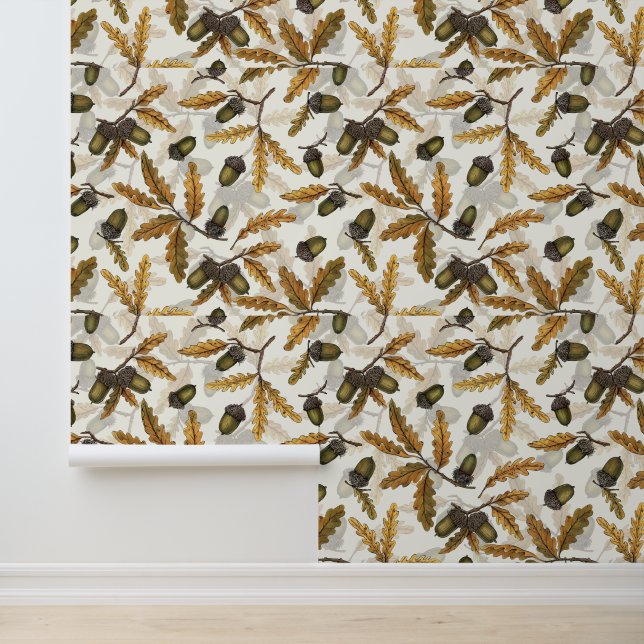 Acorns and oak leaves on off white wallpaper  (Application)