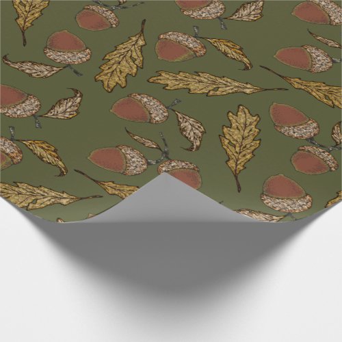 Acorns and Oak Leaves on Thyme Green Wrapping Paper