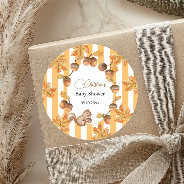 Acorns and Squirrel Fall Plaids Baby Shower  Classic Round Sticker (Creator Uploaded)