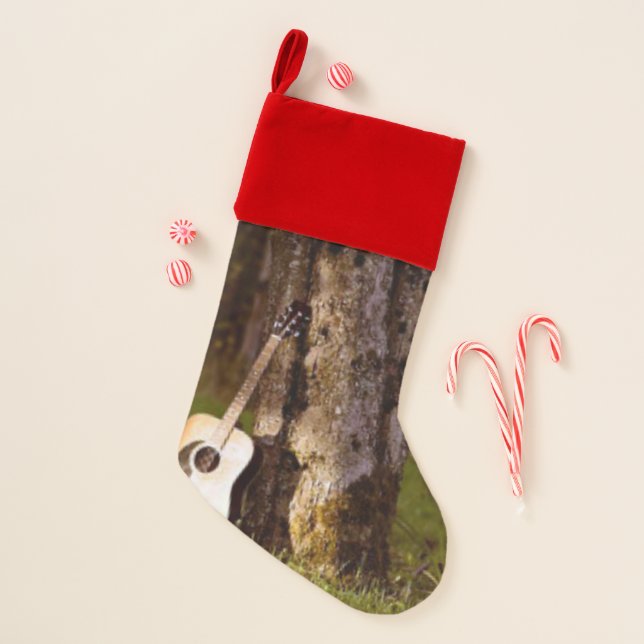 acoustic guitar against tree christmas stocking (Front)