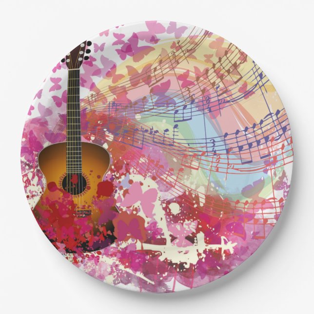 Acoustic Guitar and Butterflies Paper Plates (Front)