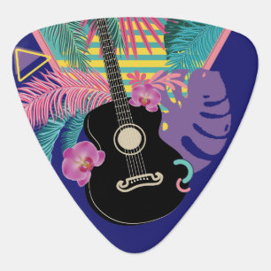 Acoustic guitar and tropical leaves and flowers guitar pick