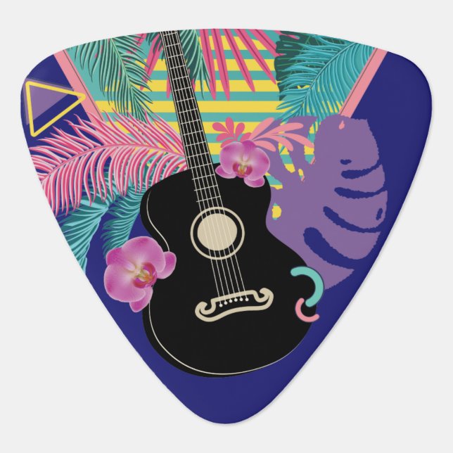 Acoustic guitar and tropical leaves and flowers guitar pick (Front)