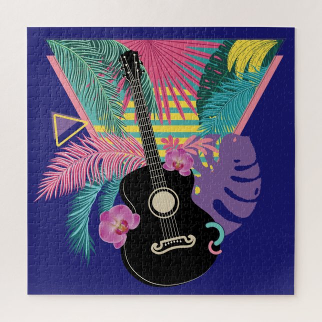 Acoustic guitar and tropical leaves and flowers jigsaw puzzle (Vertical)