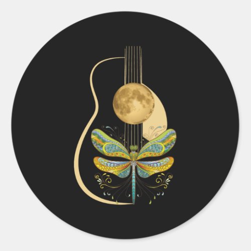 Acoustic Guitar Artistic Dragonfly Music Classic Round Sticker