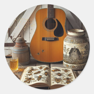 Acoustic Guitar Bees Country Living Nature Classic Round Sticker