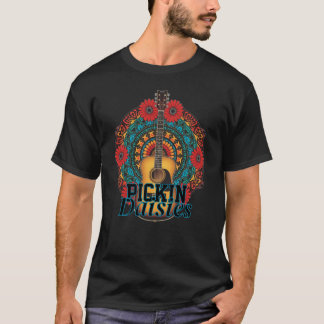 Acoustic Guitar Blooming Red Daisies - Retro Psych T-Shirt