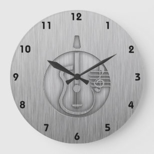 Acoustic Guitar; Brushed metal-look Large Clock
