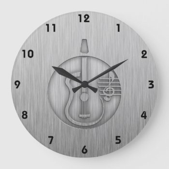 Acoustic Guitar; Brushed Metal-look Large Clock by MusicPlanet at Zazzle
