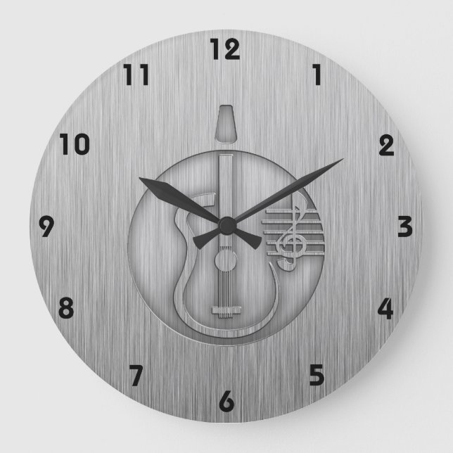Acoustic Guitar; Brushed metal-look Large Clock (Front)