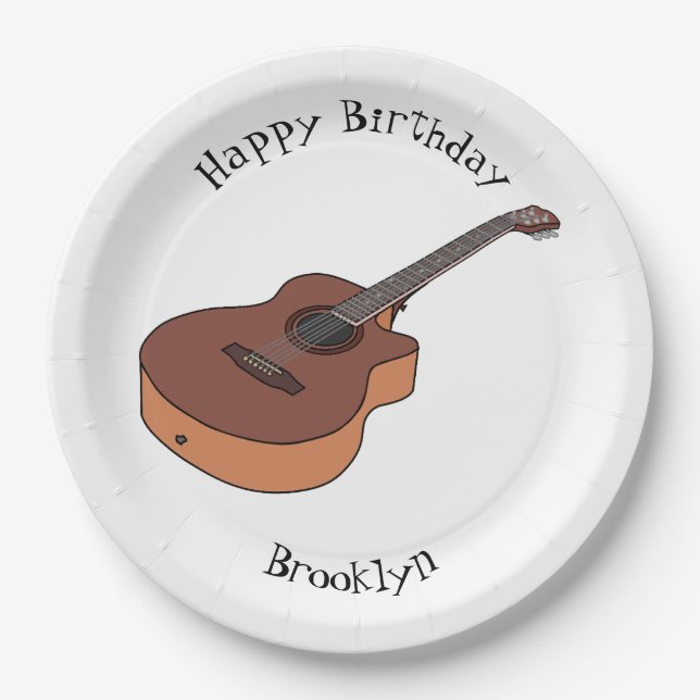 Acoustic guitar cartoon illustration paper plates (Front)
