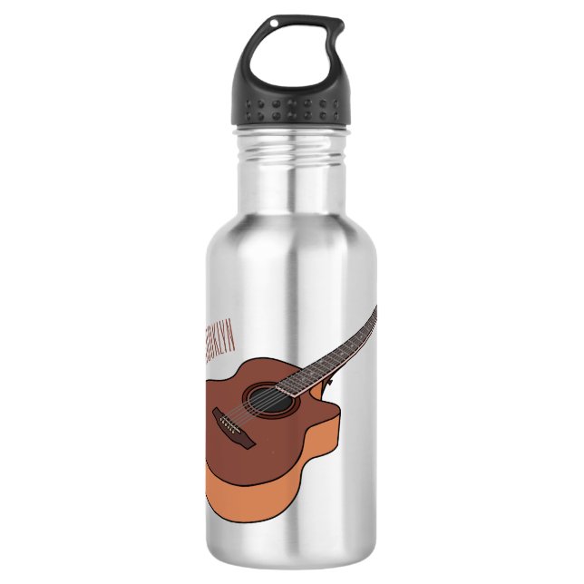 Acoustic guitar cartoon illustration  stainless steel water bottle (Front)