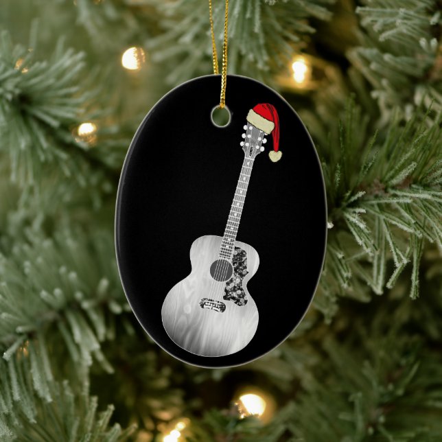 Acoustic Guitar Christmas Black and White Ceramic Ornament (Tree)