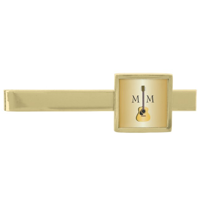 Acoustic Guitar Design Monogrammed Gold Finish Tie Bar (Front)