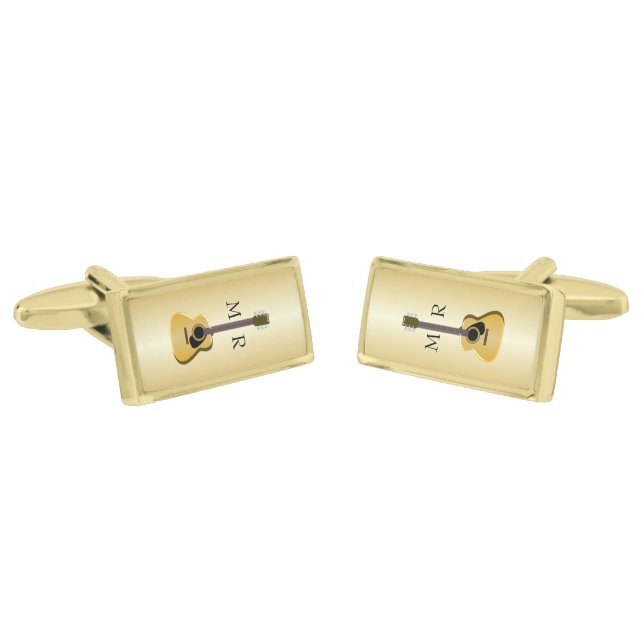 Acoustic Guitar Gold Coloured Monogrammed Cufflinks (Angled)