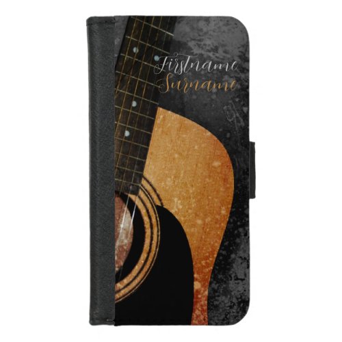 Acoustic Guitar Grey Grunge Custom Name iPhone 87 Wallet Case
