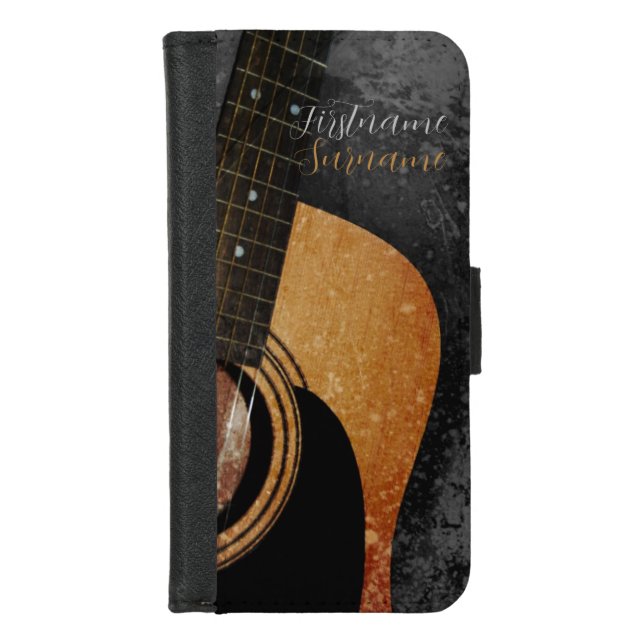 Acoustic Guitar Grey Grunge Custom Name iPhone Wallet Case (Front)