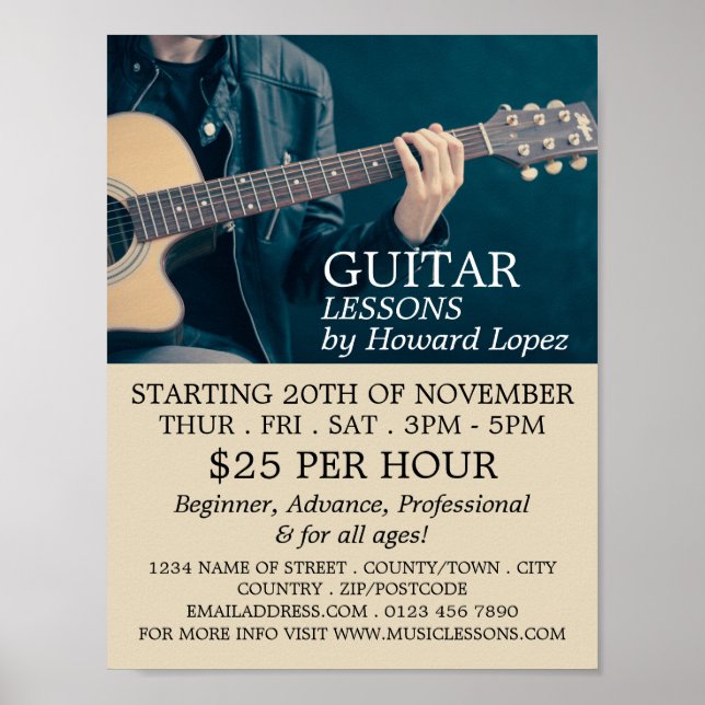 Acoustic Guitar, Guitar Lessons Advertising Poster (Front)