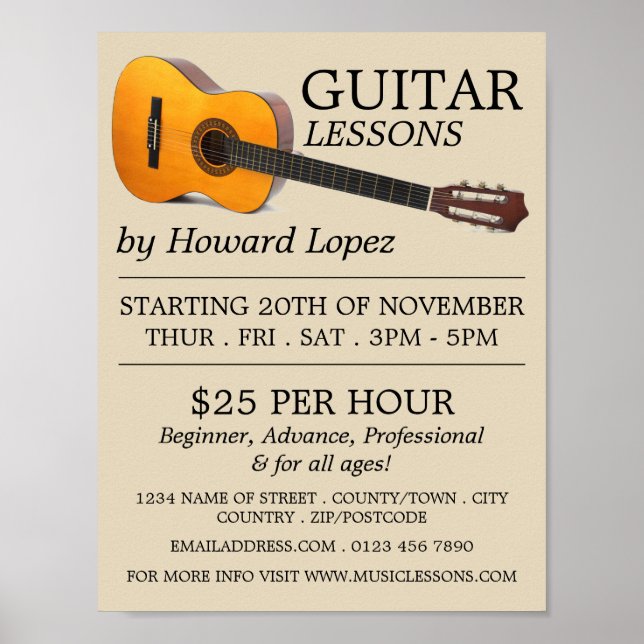 Acoustic Guitar, Guitar Lessons Advertising Poster (Front)
