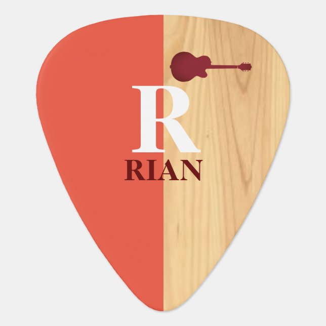 Acoustic Guitar Half-Wood Half+Red Monogrammed Pick (Front)