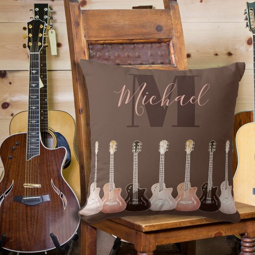 Acoustic guitar illustration brown rustic Monogram Throw Pillow