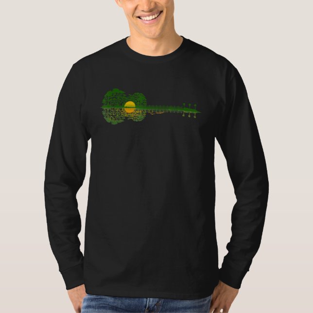 Acoustic Guitar Landscape Sunset Reflection Music  T-Shirt (Front)